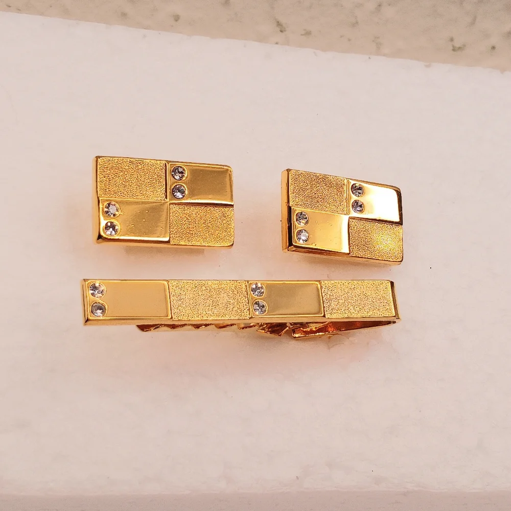 Tie Clip Bar, Cufflinks, Textured Gold Crystals Vintage Space Age Classic